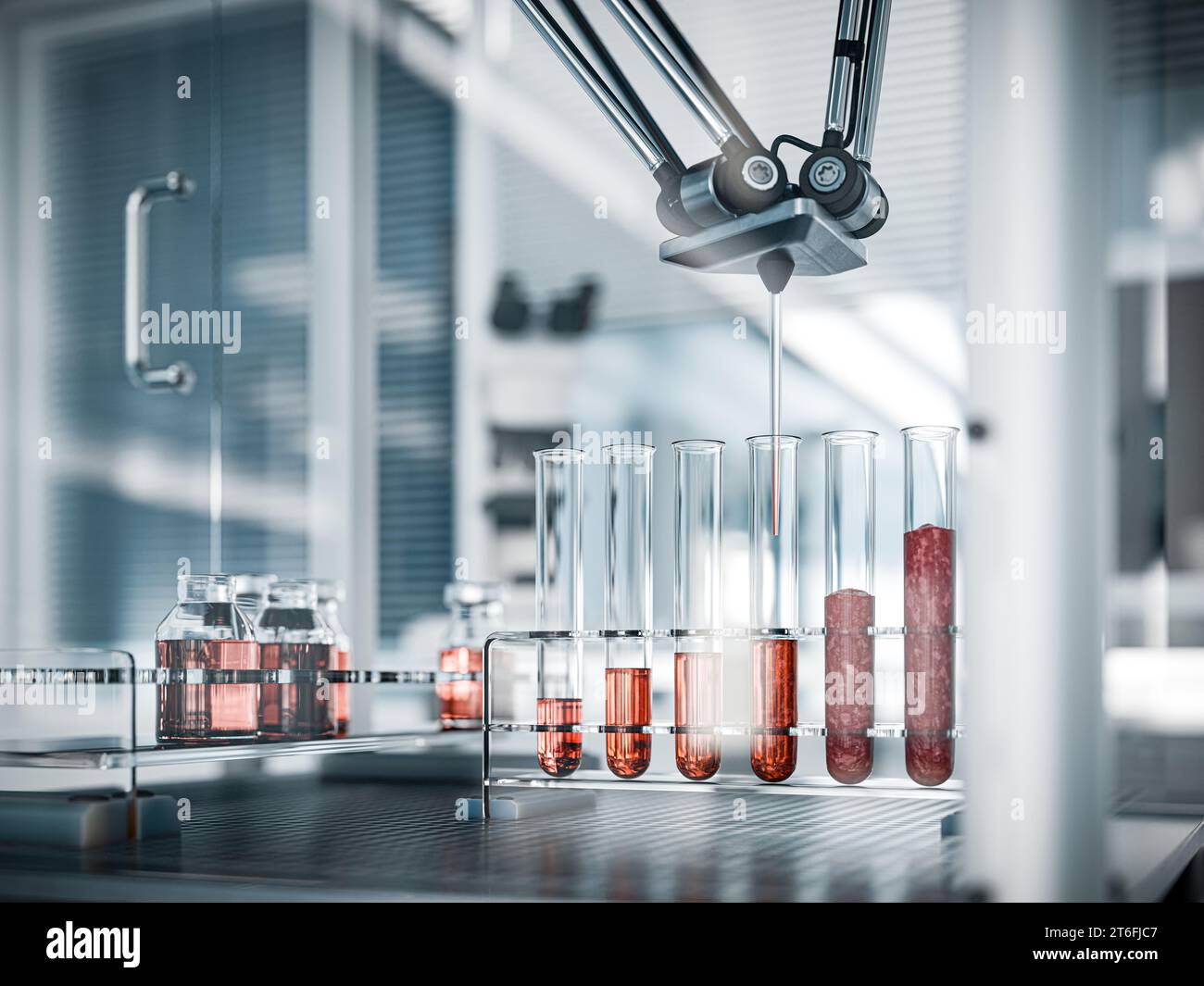 Bœuf cultivé en laboratoire dans des tubes à essai : exploration de la production de viande in vitro avec robot pick and place - rendu 3D. Banque D'Images