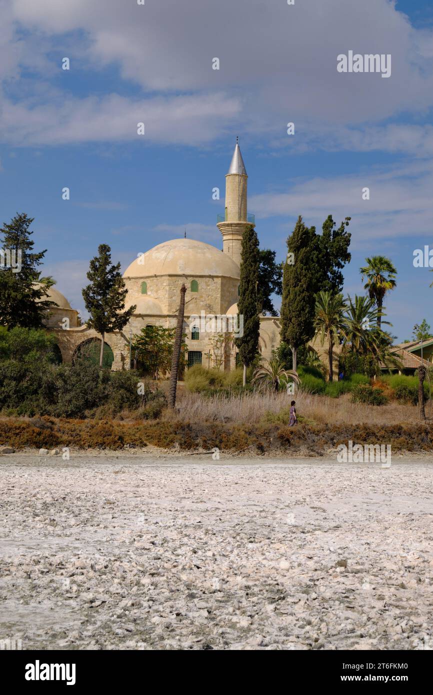 Vue de Hala Sultan Tekke depuis le lac salé à Larnaca, Chypre Banque D'Images