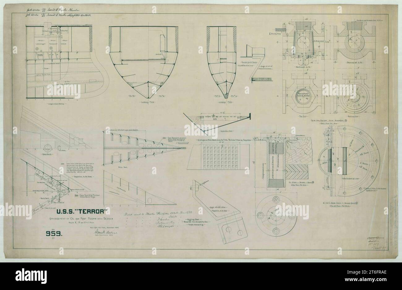 USS Terror (BM-4)- Arrangement des salles d'huile et de peinture avec détails Banque D'Images