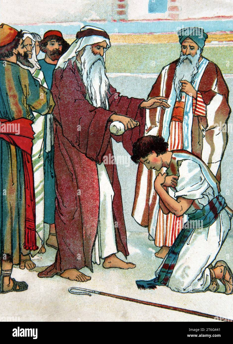 Illustration du Prophète Samuel oint David pour être roi sur Israël (I Samuel 16.13) du Livre des enfants l'histoire de David Banque D'Images