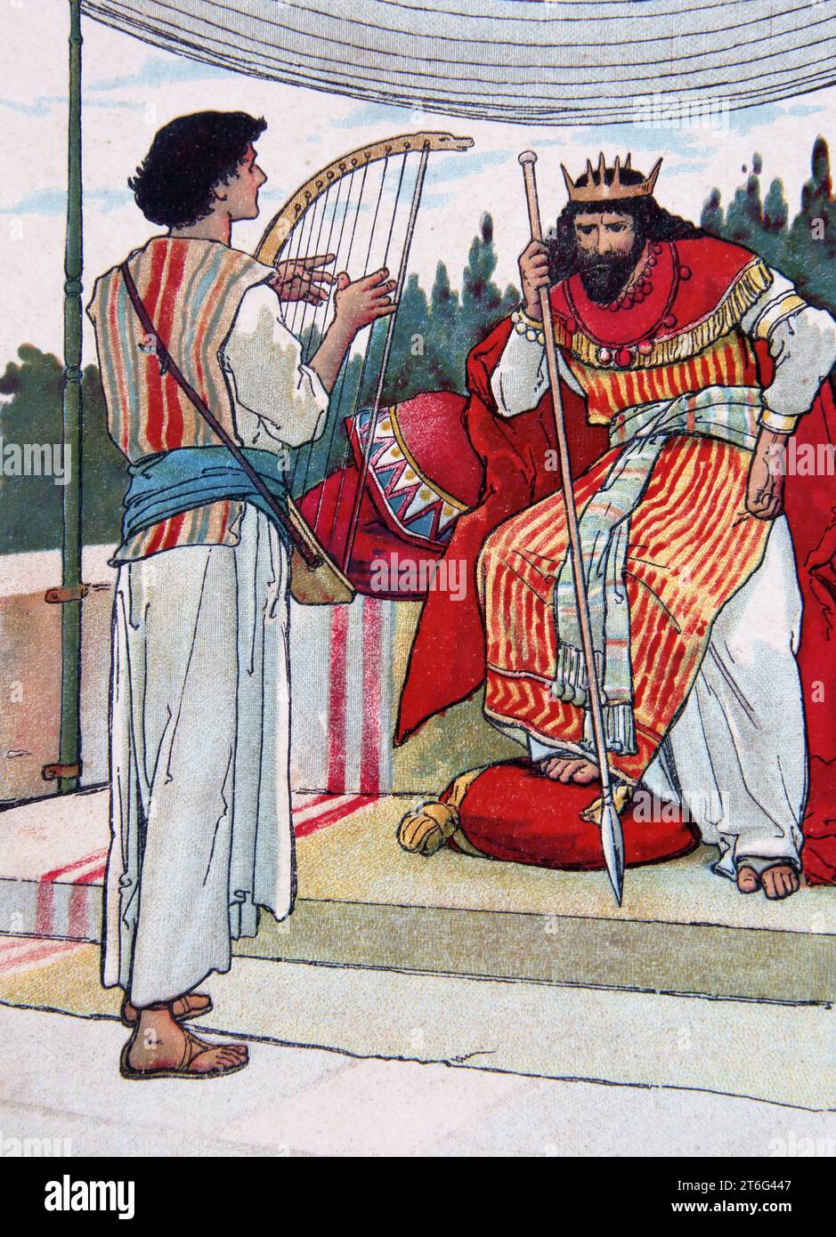 David a envoyé jouer la harpe pour le roi Saul pour l'apaiser quand le mauvais Esprit vient sur lui (I Samuel 16.23) du Livre des enfants l'histoire de David Banque D'Images