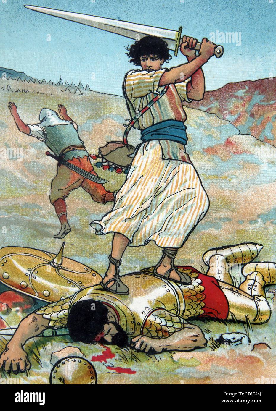 Illustration de David tuant le géant Goliath après l'avoir frappé avec une pierre tuant Goliath, il coupe ensuite sa tête avec une épée du Childre Banque D'Images