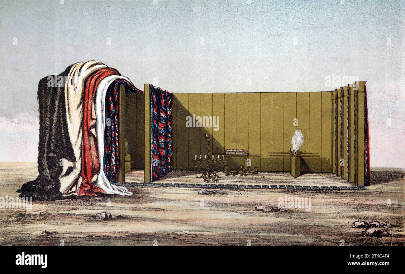Illustration de la vue de l'intérieur du Tabernacle - planches du côté sud partiellement enlevées et couvertures et rideaux roulés vers l'arrière pour montrer Banque D'Images