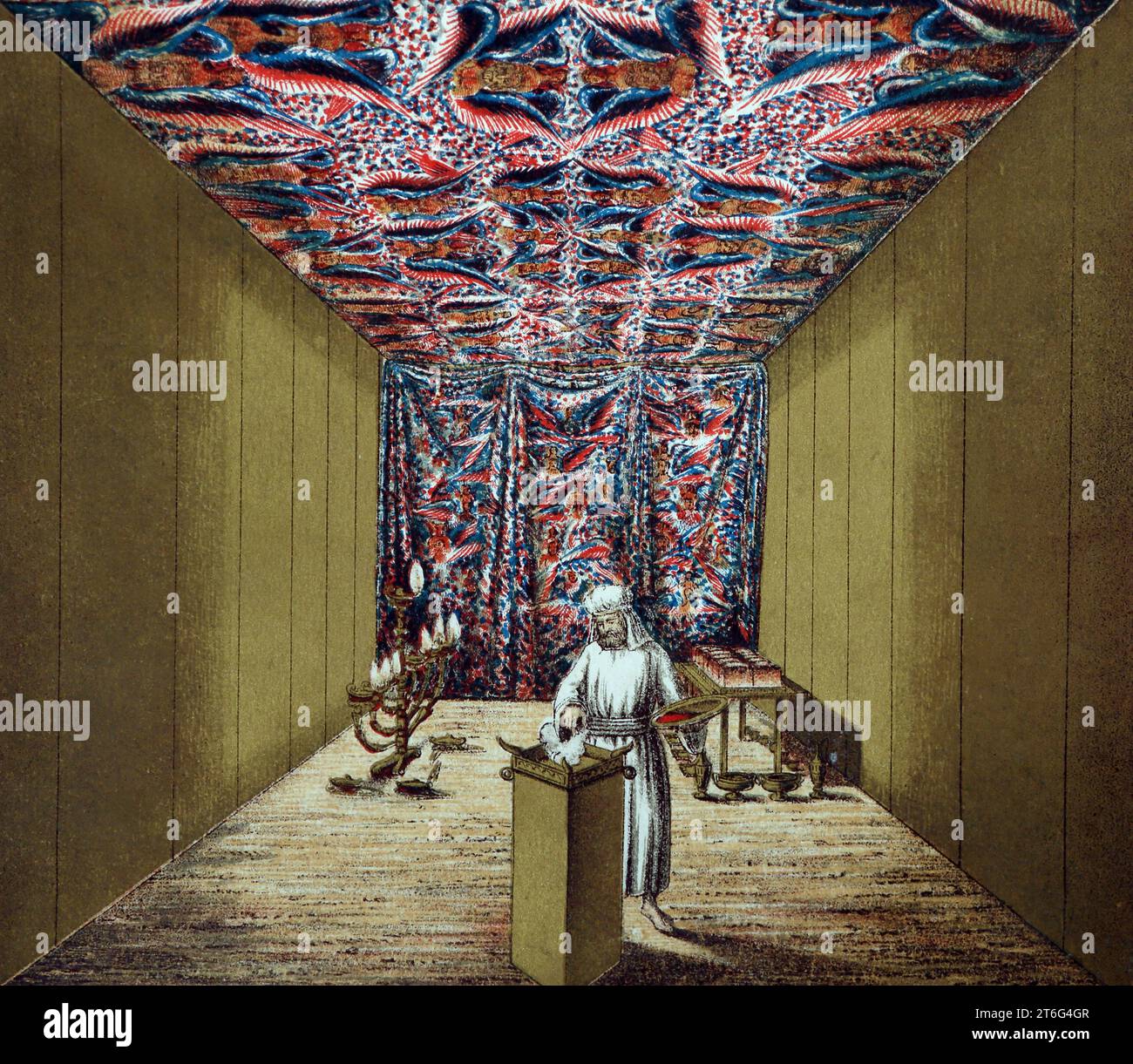 Illustration du Grand prêtre dans le lieu Saint à l'autel de l'encens dans ses vêtements de lin étant la deuxième scène du jour des Expiations de Th Banque D'Images