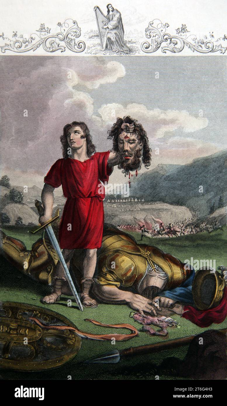 Illustration de David tuant le géant Goliath après l'avoir frappé avec une pierre sur son front tuant Goliath il lui coupe ensuite la tête avec une épée Banque D'Images