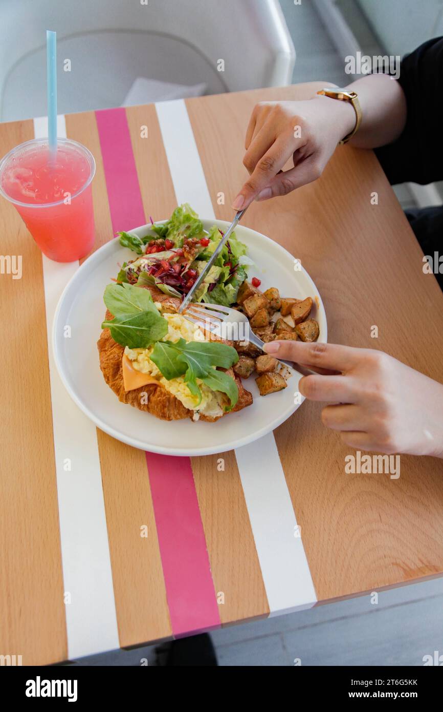 Personne ayant un sandwich au poulet croissant ouvert face avec des légumes sur le côté. Banque D'Images