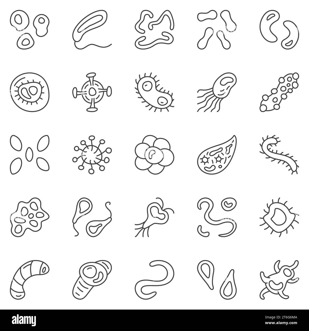Jeu d'icônes de contour de microbes et de bactéries - symboles de lignes vectorielles de concept de micro-organismes et de virus Bioengineering Illustration de Vecteur