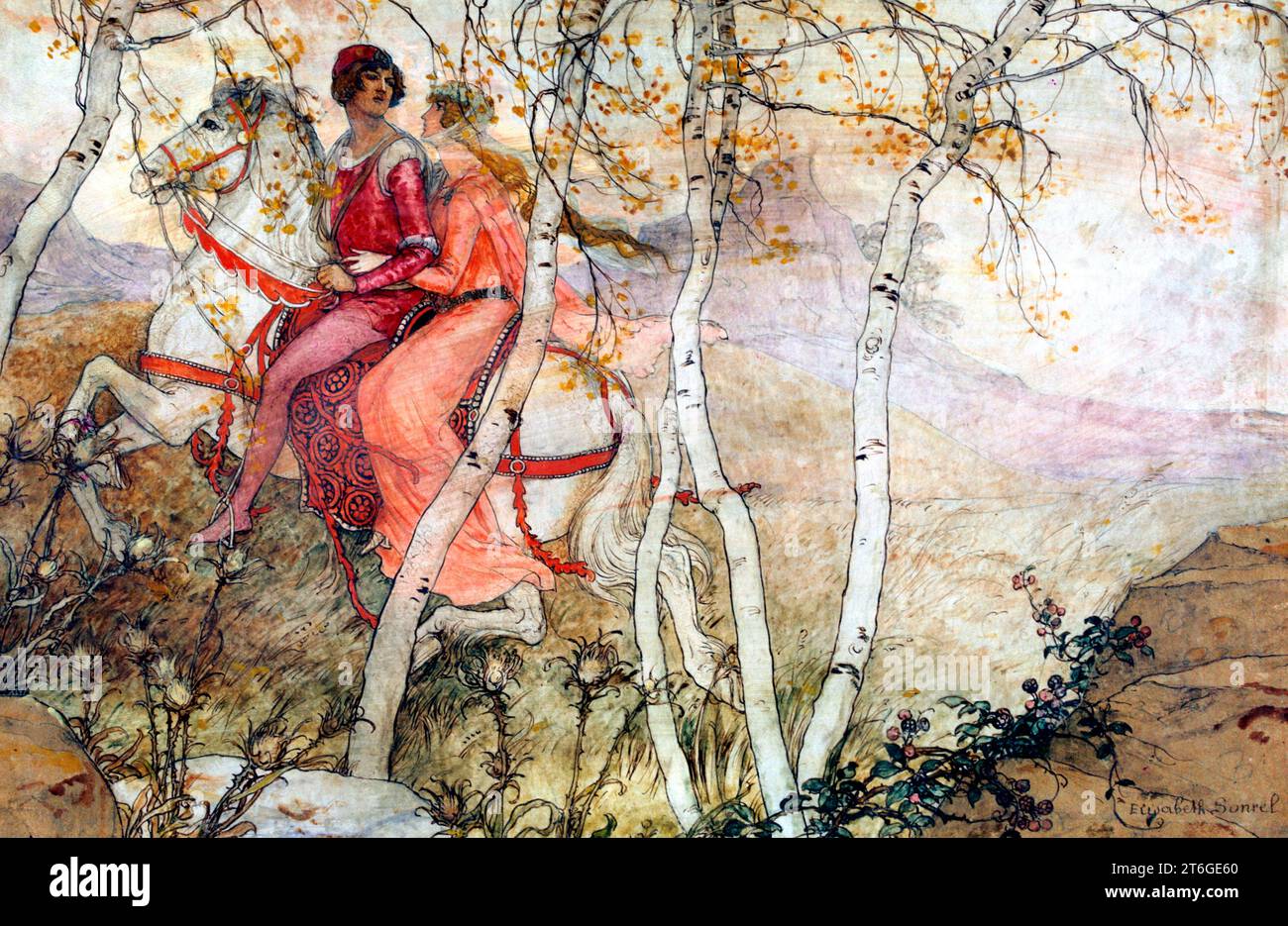 "Le chevalier a la jeune dame", c1900-1950. Au salon des artistes Fran&#xe7;ais à Paris de 1893 à 1941, Sonrel expose des aquarelles particulièrement grandes de femmes idéalisées qui ont à la fois une certaine intensité préraphaélite et une affinité avec la peinture symboliste française. Elle a été inspirée par la romance arthurienne, des sujets bibliques, des légendes archaïques et l'amour médiéval. Banque D'Images