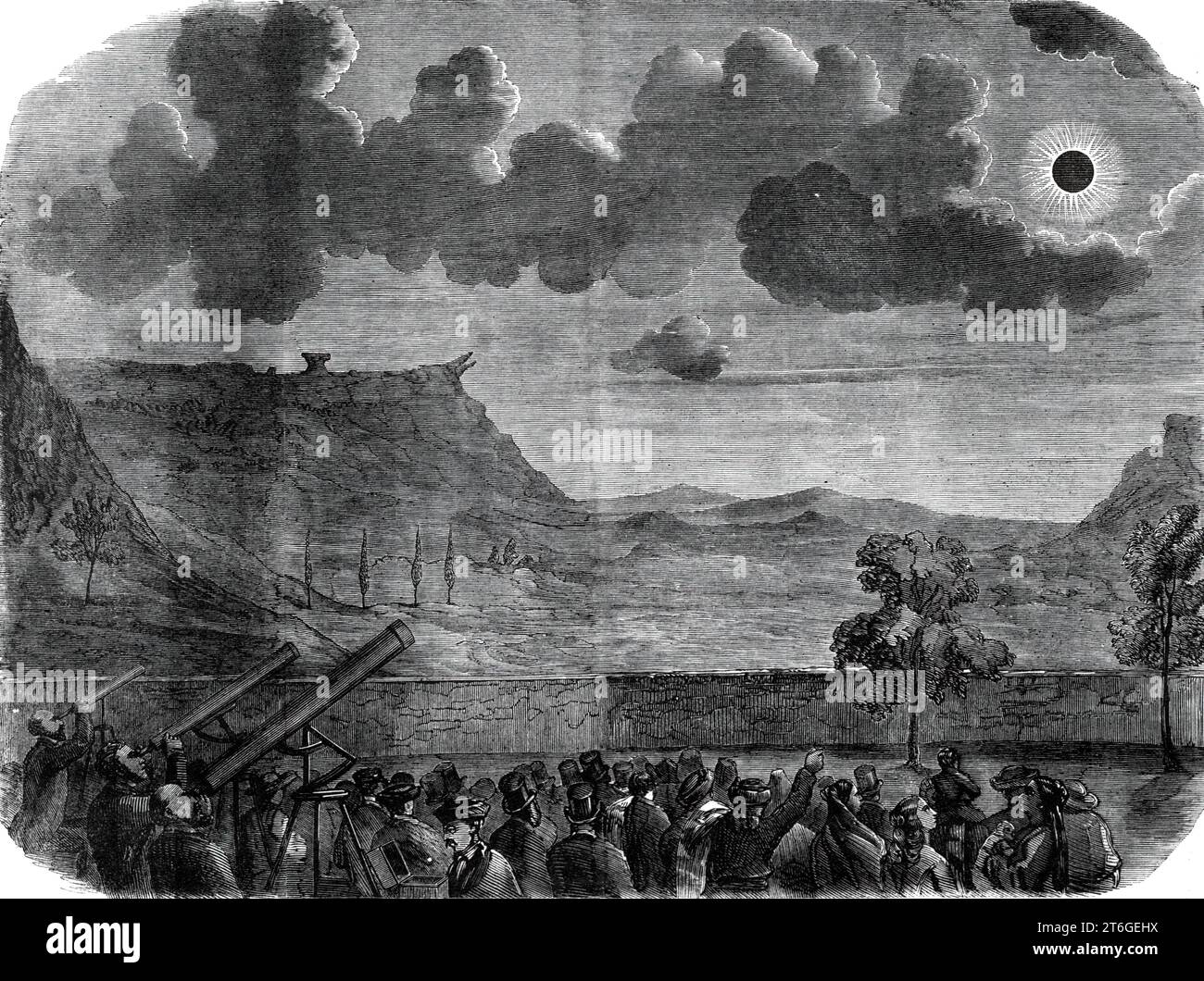 L'éclipse du Soleil le 18 juillet en Espagne - l'éclipse d'Aguilar - d'après un croquis de notre artiste spécial, 1860. 'Le paysage, ou la partie de celui-ci près de nous, était d'un vert olive foncé ; la partie éloignée et les collines étaient d'un violet bien défini. Le contour des collines en face, y compris le rocher opposé (connu sous le nom de l'enclume), était parfaitement défini, projeté comme ils étaient sur un ciel jaune vif, dont la couleur était tout à fait différente de la teinte dorée du coucher du soleil, étant plus clair et plus blanc, et bien plus splendide... au-dessus de cet horizon jaune les nuages paraissaient plus graves, Banque D'Images