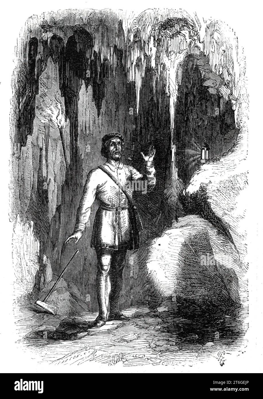 "The Oreseeker ; a Tale of the Hartz", 1860. Illustration tirée d'un "livre-cadeau" par A. S. M. [Macmillan et Co.] 'Les illustrations picturales... sont exécutées par L.C.H...in les mines d'argent de Hardenburg, sur les confins des montagnes Hartz...[un mineur trouve] une magnifique grotte stalactite, située près de la ville montagneuse d'Elbingerode, et dans les falaises escarpées du R&#xfc;beland...it semblait comme si la nature avait assemblé pour sa fierté solitaire des modèles de ces nombreux spécimens d'art et d'ornement que l'homme aime... rassembler autour de lui dans ses demeures de raffinement et de luxe. Ci-dessus Banque D'Images