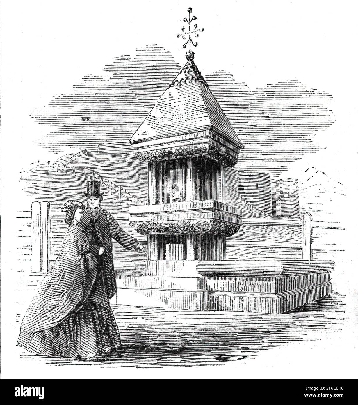 Nouvelle fontaine à boisson à Scarborough, 1860. 'Une fontaine à boire a récemment été érigée à Scarborough, près de la porte qui donne accès au château Holms, à quelques mètres de l'église paroissiale. Outre ses utilisations plus évidentes, il est destiné à servir aussi de mémorial à l'aimable et éminent antiquaire, Thomas Hinderwell, historien de Scarborough. Le coût total, soit environ &#xa3;65, a été principalement augmenté par la souscription parmi les parents et les amis survivants de M. Hinderwell, la somme requise dépassant le montant souscrit, soit presque &#xa3;28, étant versée par Mme an Banque D'Images