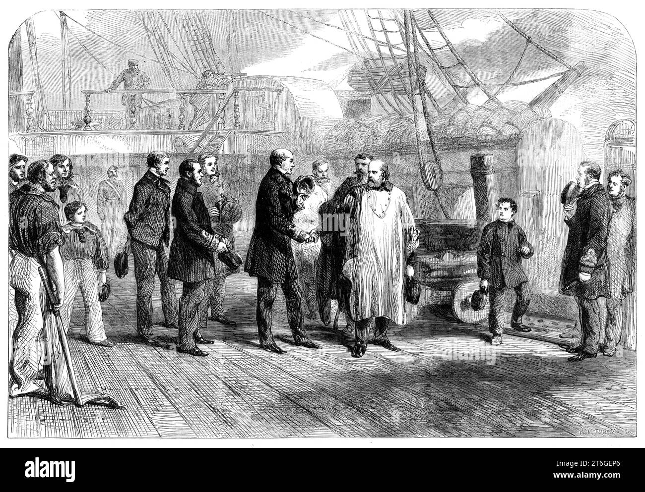 Visite d'adieu de Garibaldi à l'amiral Mundy à bord du "Hannibal" à Naples, 1860. 'Le libérateur des deux-Siciles a quitté Naples pour son île natale, Caprera, le matin du 9 novembre... ceux qui ont quitté Naples avec lui sont Basso, son secrétaire particulier ; Staguetti, Frascianti, Cosmaroli, et une autre personne, qui est chargée d'obtenir des provisions pour Caprera. Vers six heures, alors que le Washington sortait de la vapeur, Garibaldi alla rendre sa dernière visite, et la dernière visite qu'il a faite à quelqu'un, à l'amiral Mundy, pour qui le héros exprime le plus grand respect et l'affection. Avec lui h Banque D'Images