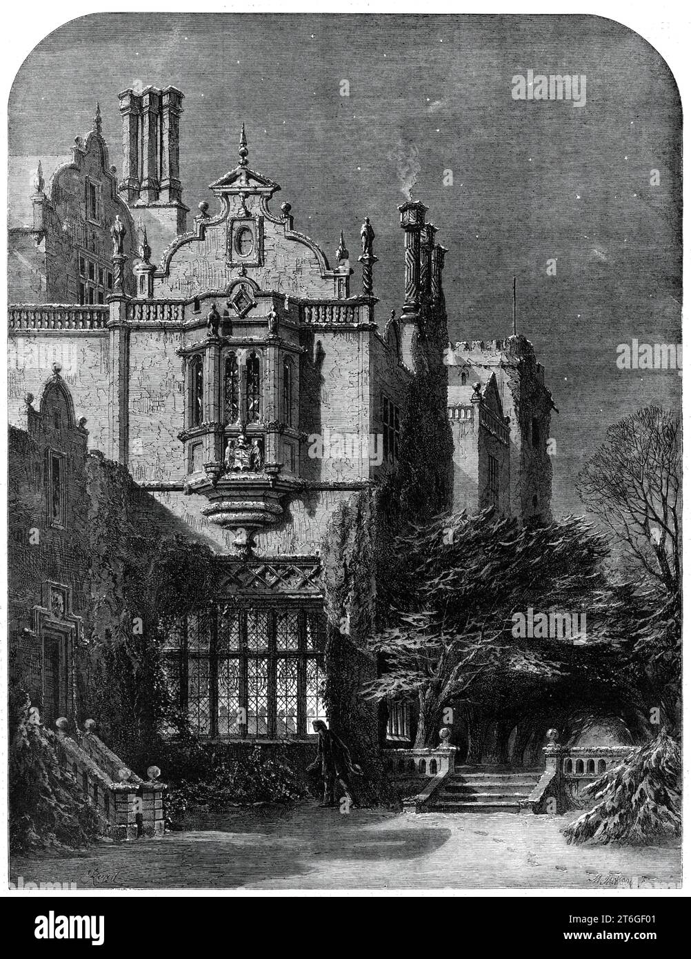 "Le fils prodigue", dessiné par S. Read, 1860. « Warily, presque furtivement, avec un souffle tranquille et un pas prudent, la jeune figure a traversé la promenade de la terrasse, et a regardé dans la pièce lumineuse ». Illustration tirée d'une nouvelle publiée dans "Illustrated London News", 1860. Banque D'Images