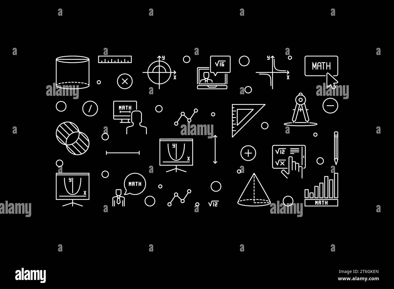 Apprentissage des mathématiques vecteur contour bannière horizontale sombre. Illustration du concept mathématique Illustration de Vecteur