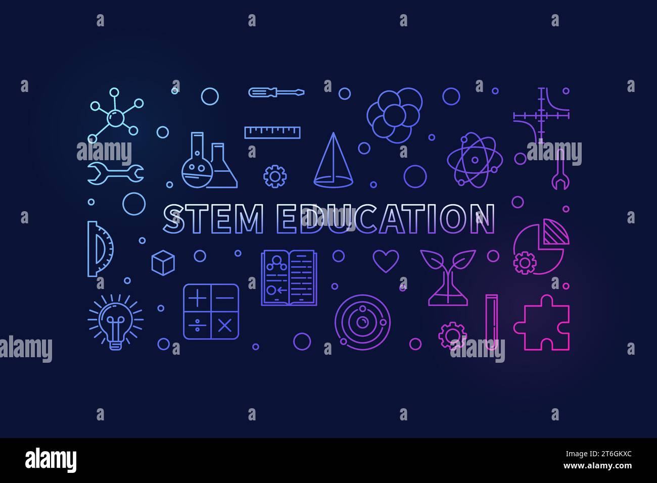 Science STEM, technologie, Ingénierie, mathématiques éducation concept de ligne mince bannière horizontale - illustration colorée vectorielle avec fond sombre Illustration de Vecteur