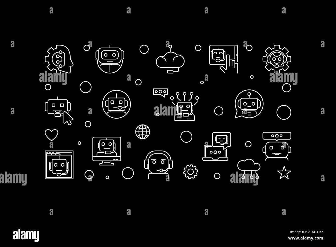 Virtual Assistant ou Chat Bot Technology concept bannière horizontale dans le style de ligne - illustration vectorielle Chatbot avec fond sombre Illustration de Vecteur