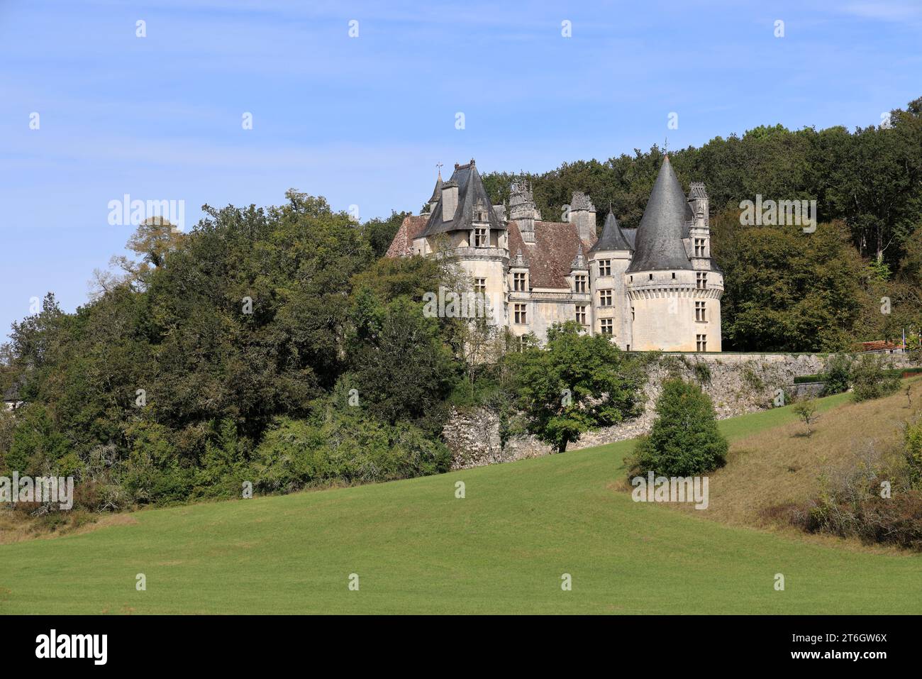 Château de Puyguilhem. Dans la campagne Périgord Vert, le Château de Puyguilhem, construit au 16e siècle, a un style Renaissance proche de celui du Th Banque D'Images Château de Puyguilhem. Dans la campagne Périgord Vert, le Château de Puyguilhem, construit au 16e siècle, a un style Renaissance proche de celui du Th Banque D'Images