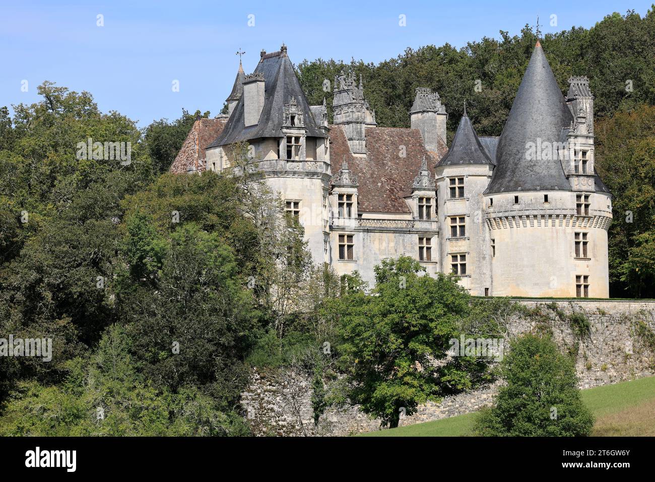 Château de Puyguilhem. Dans la campagne Périgord Vert, le Château de Puyguilhem, construit au 16e siècle, a un style Renaissance proche de celui du Th Banque D'Images Château de Puyguilhem. Dans la campagne Périgord Vert, le Château de Puyguilhem, construit au 16e siècle, a un style Renaissance proche de celui du Th Banque D'Images