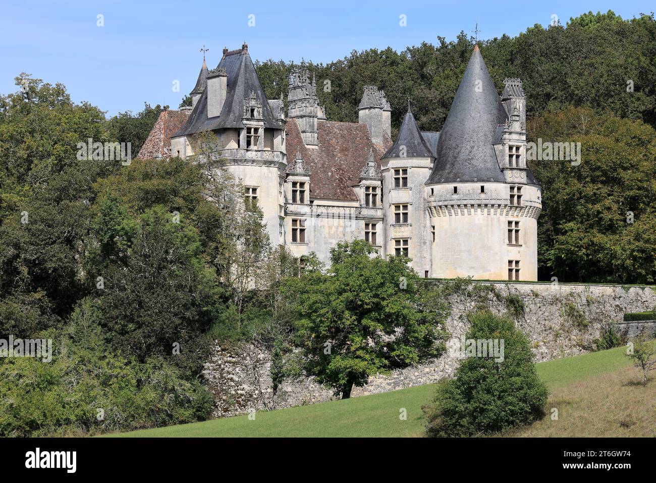 Château de Puyguilhem. Dans la campagne Périgord Vert, le Château de Puyguilhem, construit au 16e siècle, a un style Renaissance proche de celui du Th Banque D'Images Château de Puyguilhem. Dans la campagne Périgord Vert, le Château de Puyguilhem, construit au 16e siècle, a un style Renaissance proche de celui du Th Banque D'Images