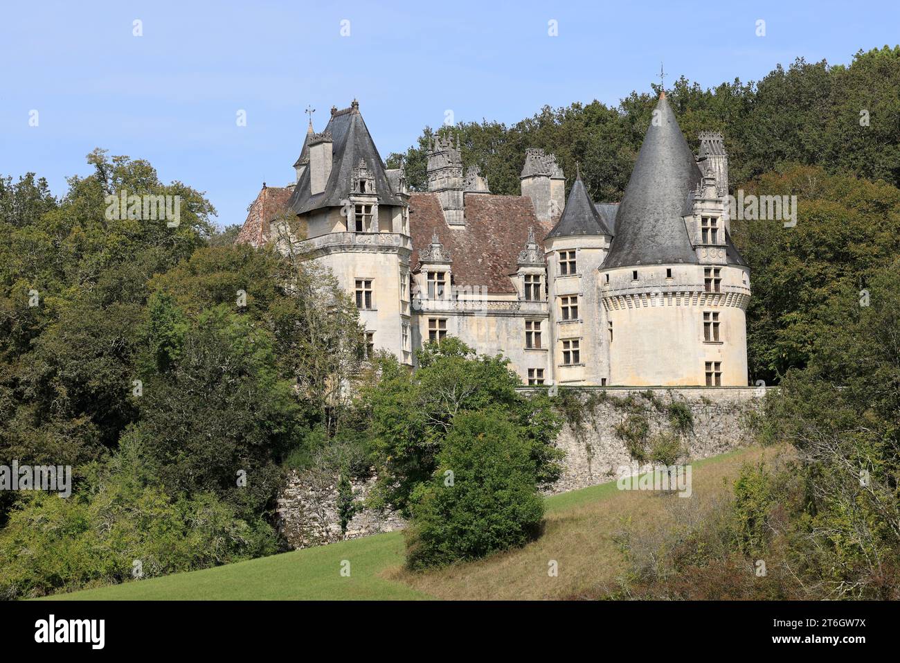 Château de Puyguilhem. Dans la campagne Périgord Vert, le Château de Puyguilhem, construit au 16e siècle, a un style Renaissance proche de celui du Th Banque D'Images Château de Puyguilhem. Dans la campagne Périgord Vert, le Château de Puyguilhem, construit au 16e siècle, a un style Renaissance proche de celui du Th Banque D'Images