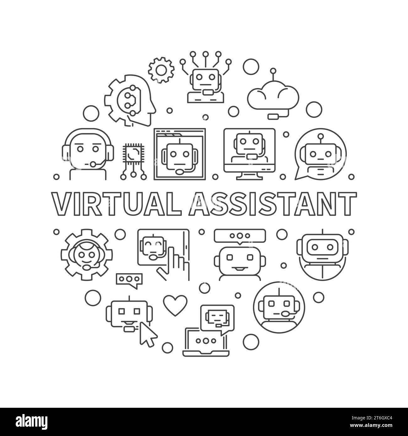Bannière ronde de ligne fine concept Virtual Assistant. Vector Online Chat et Chatbot illustration Illustration de Vecteur