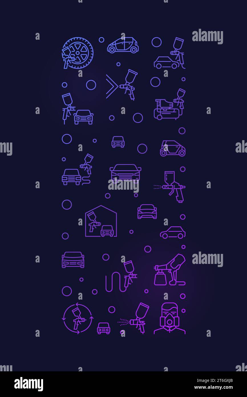 Bannière violette verticale de contour de concept de peinture de voiture. Illustration vectorielle colorée avec des signes linéaires de pistolets de pulvérisation avec fond sombre Illustration de Vecteur