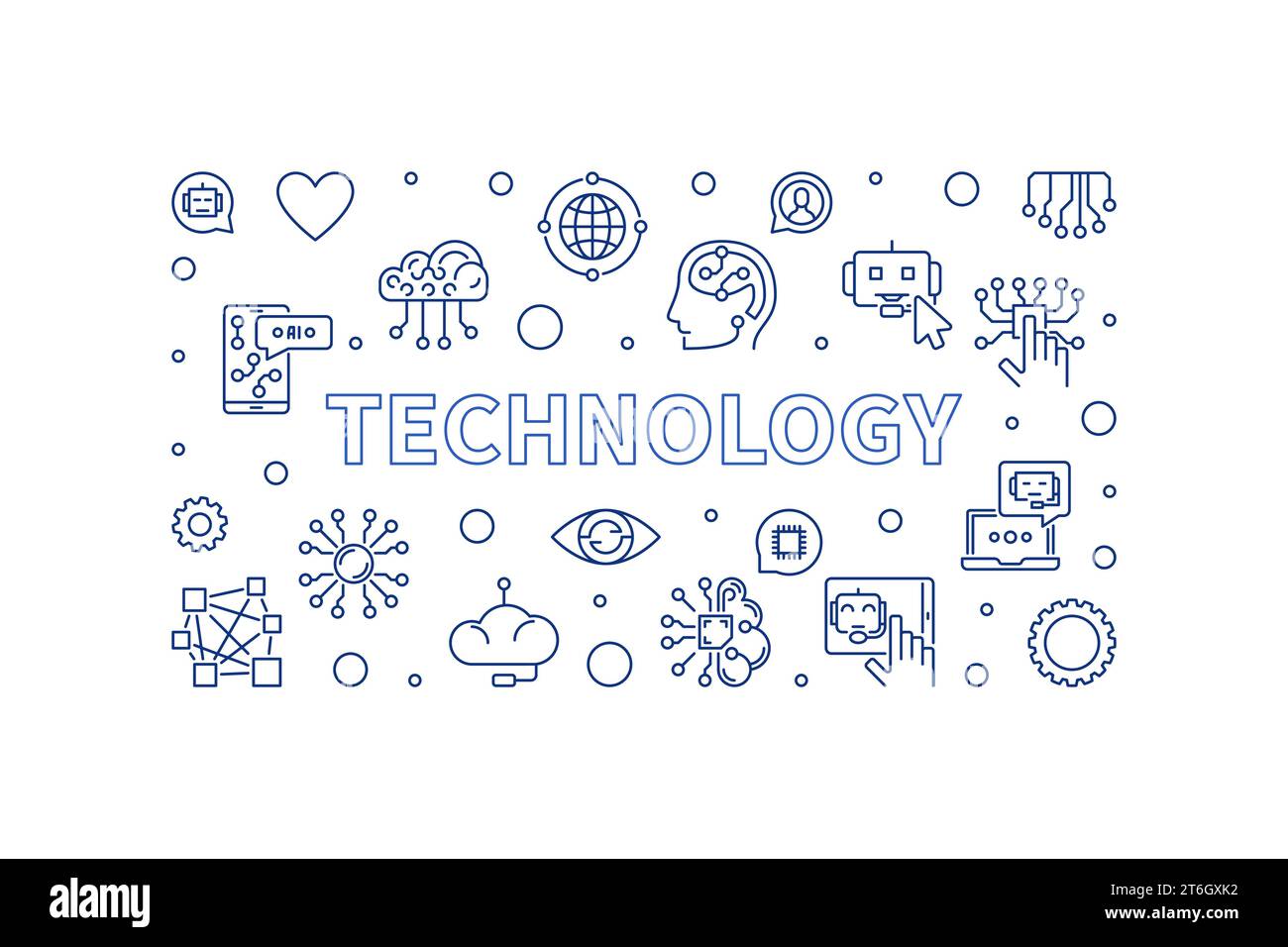 Contour du concept de technologie bannière horizontale de vecteur bleu - illustration de l'IA et de la technologie de réseau neural Illustration de Vecteur