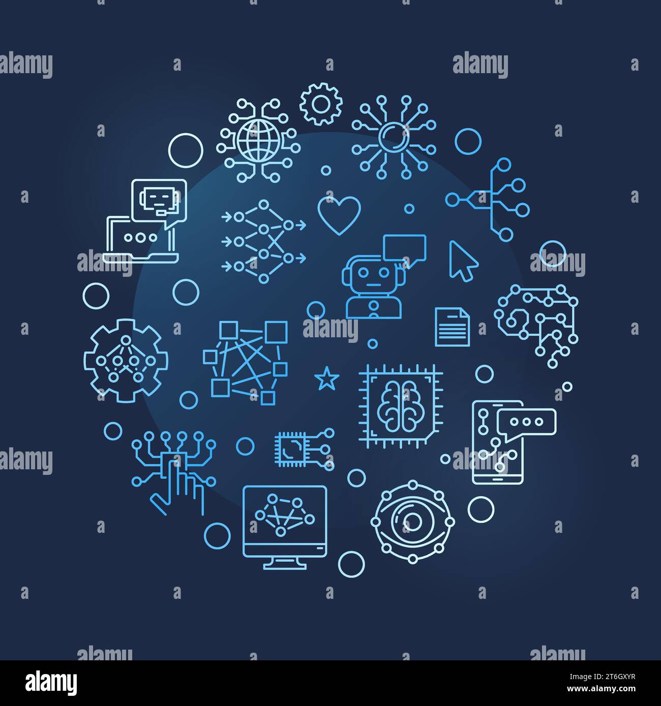 Bannière bleue de vecteur de contour en forme de cercle de concept de solution. Illustration de l'intelligence artificielle et du réseau neuronal sur fond sombre Illustration de Vecteur