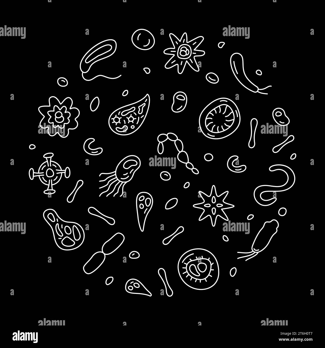 Microbes vecteur micro Biology concept contour rond bannière sombre ou illustration avec des symboles de ligne microbe Illustration de Vecteur