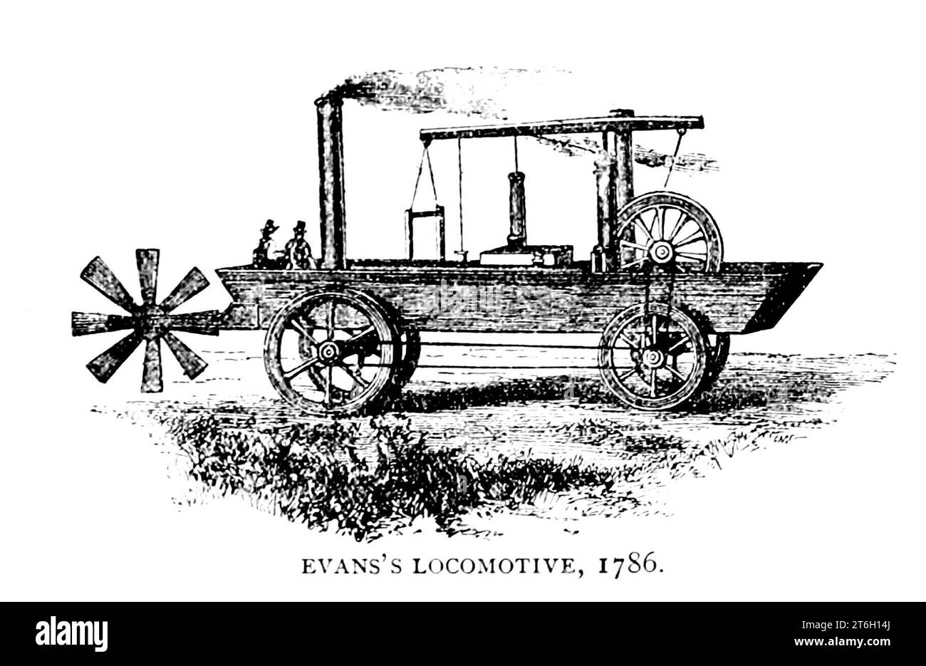 EVANS LOCOMOTIVE, 1786 Oliver Evans (13 septembre 1755 – 15 avril 1819) est un inventeur, ingénieur et homme d'affaires américain né dans le Delaware rural et plus tard enraciné commercialement à Philadelphie. Il fut l'un des premiers Américains à construire des machines à vapeur et un défenseur de la vapeur à haute pression (par opposition à la vapeur à basse pression). Pionnier dans les domaines de l'automatisation, de la manutention des matériaux et de l'énergie à vapeur, Evans a été l'un des inventeurs les plus prolifiques et les plus influents dans les premières années des États-Unis des LOCOMOTIVES PIONNIÈRES Article EN ANGLETERRE ET EN AMÉRIQUE. Par Alfred Mathews. Du moteur Banque D'Images