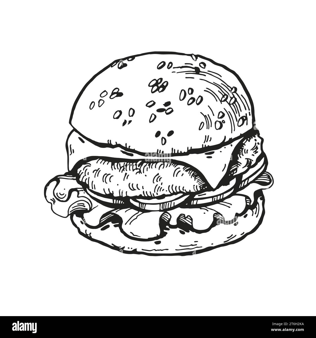 illustration vectorielle de hamburger avec de la viande, oignon, tomates, fromage, croquis dessiné à la main de fast-food, isolé sur fond blanc, encre noire et blanche il Illustration de Vecteur