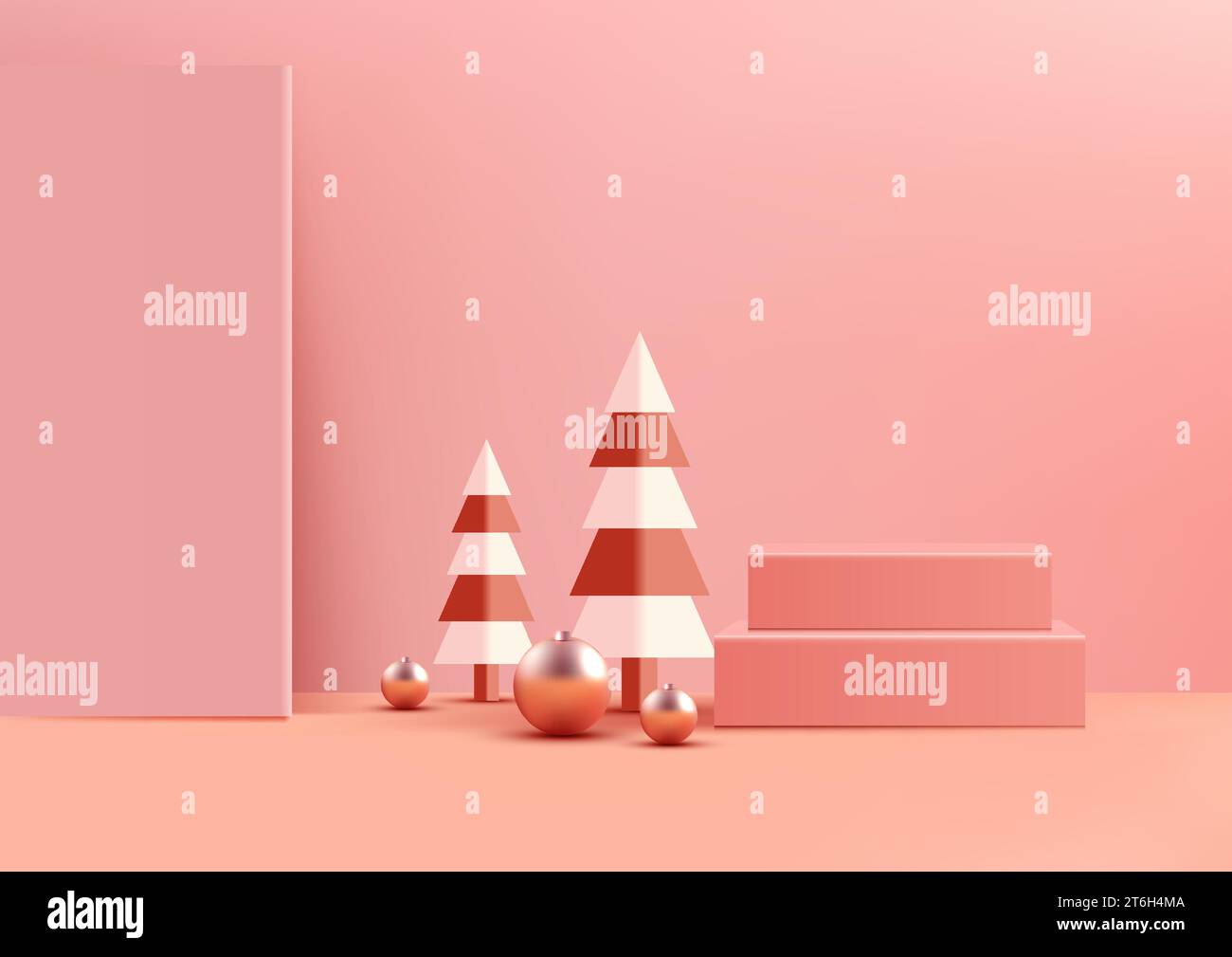 Décoration de podium rose 3D festive de Noël avec sapin pour l'affichage du produit avec des boules brillantes sur le sol et un fond de mur rose. Fête de Noël Illustration de Vecteur