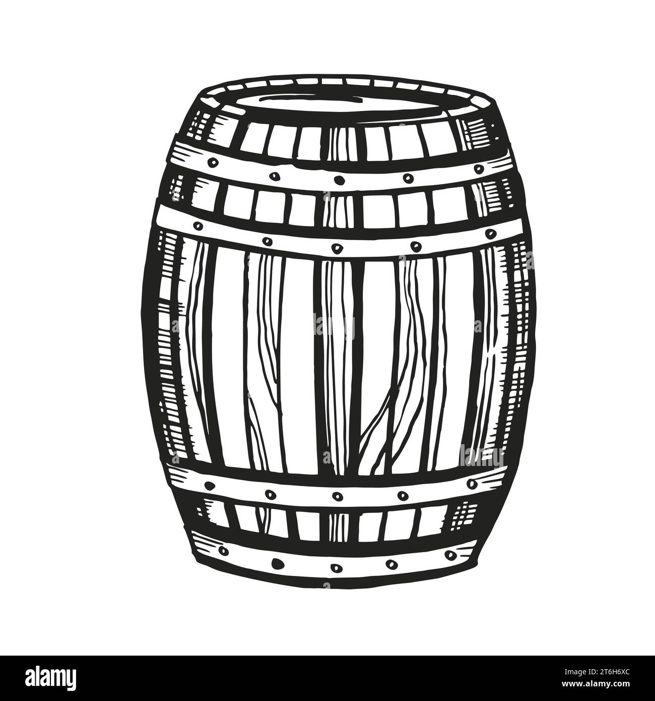 Dessin vectoriel dessiné à la main de tonneau en bois pour le vin, la bière, le whisky, illustration en noir et blanc de fût en chêne texturé, illustration encrée isolée Illustration de Vecteur