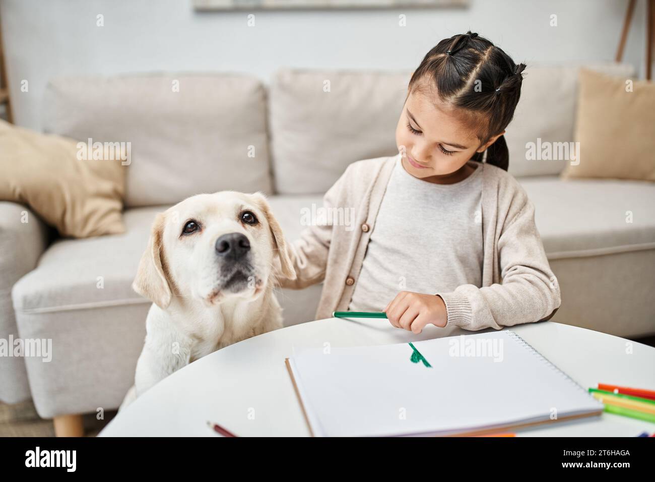 petite fille en vêtements décontractés dessin avec crayon de couleur et câlin labrador dans le salon, art. Banque D'Images