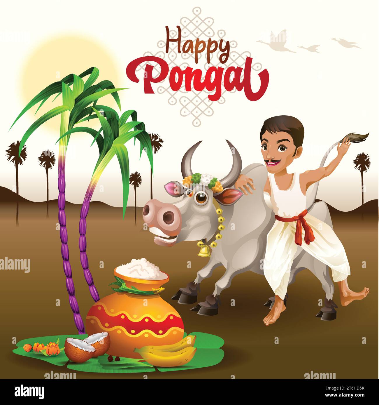 Happy Pongal Farm and Bull 2024 est une célébration joyeuse et vibrante de la fête traditionnelle de la récolte de l'Inde du Sud connue sous le nom de Pongal. Illustration de Vecteur