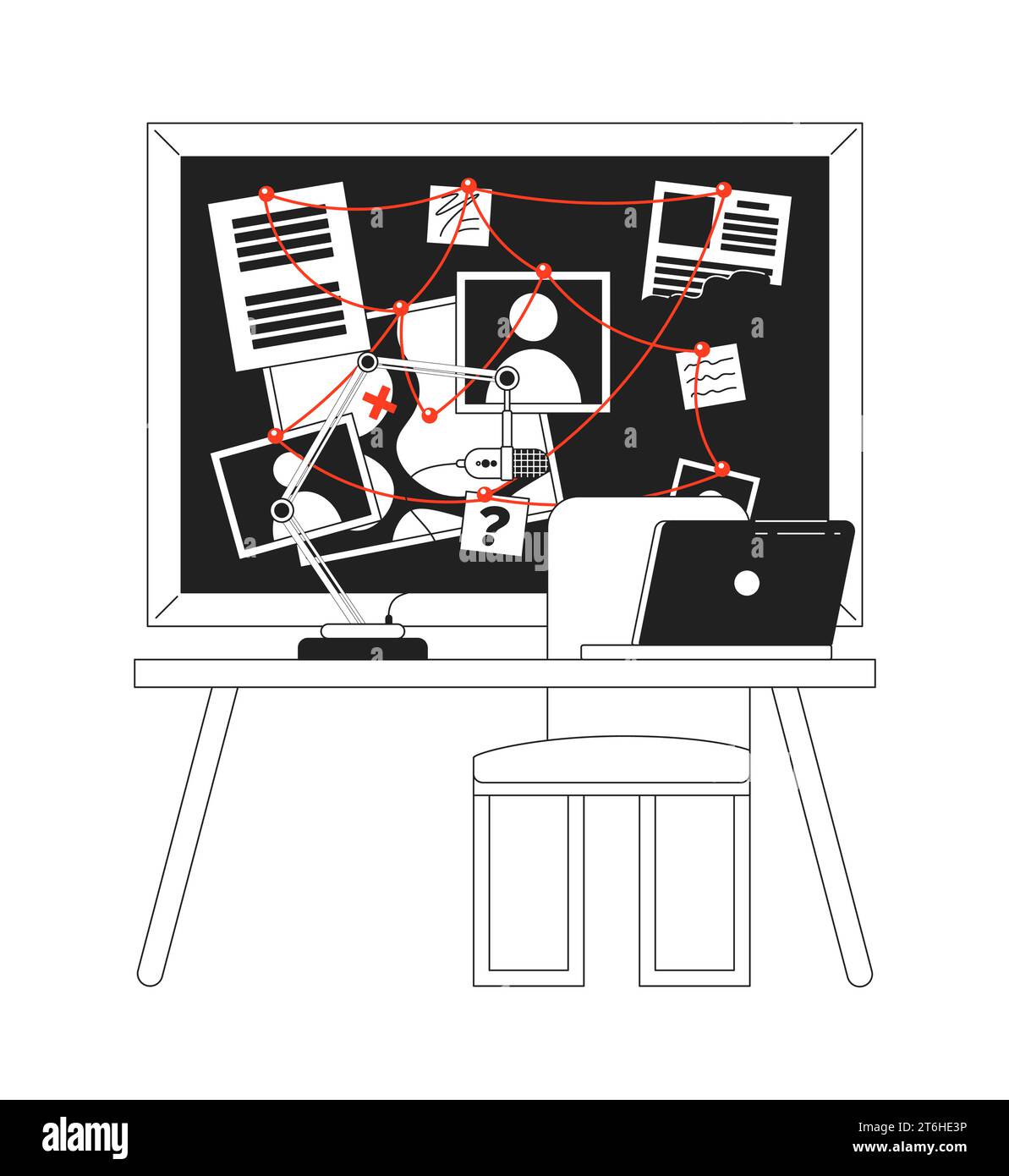 True crime podcast studio studio d'enregistrement objet de dessin animé 2D noir et blanc Illustration de Vecteur