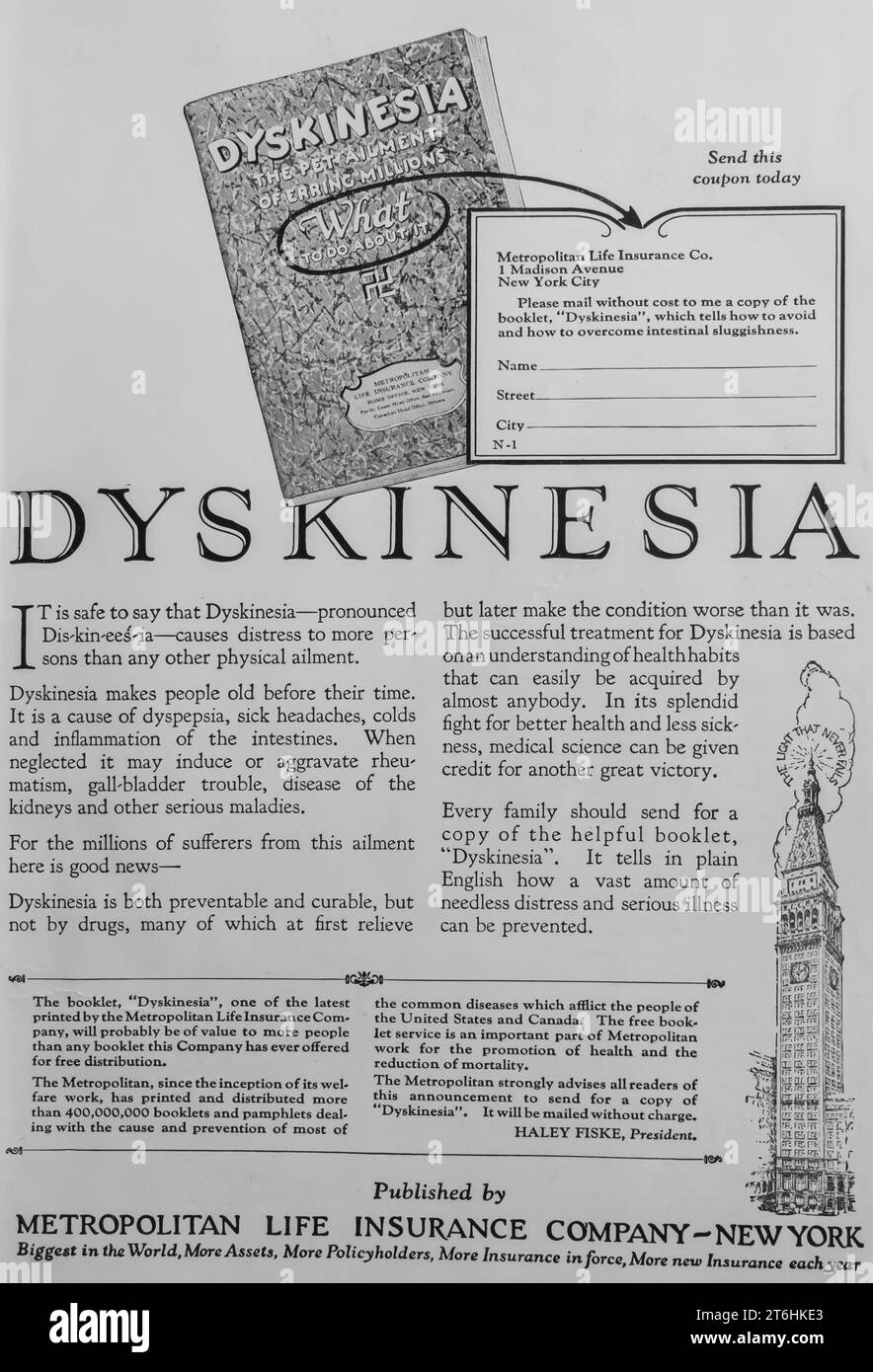 1927 Metropolitan Life Insurance Company ad. 'Dyskinésie.' Banque D'Images