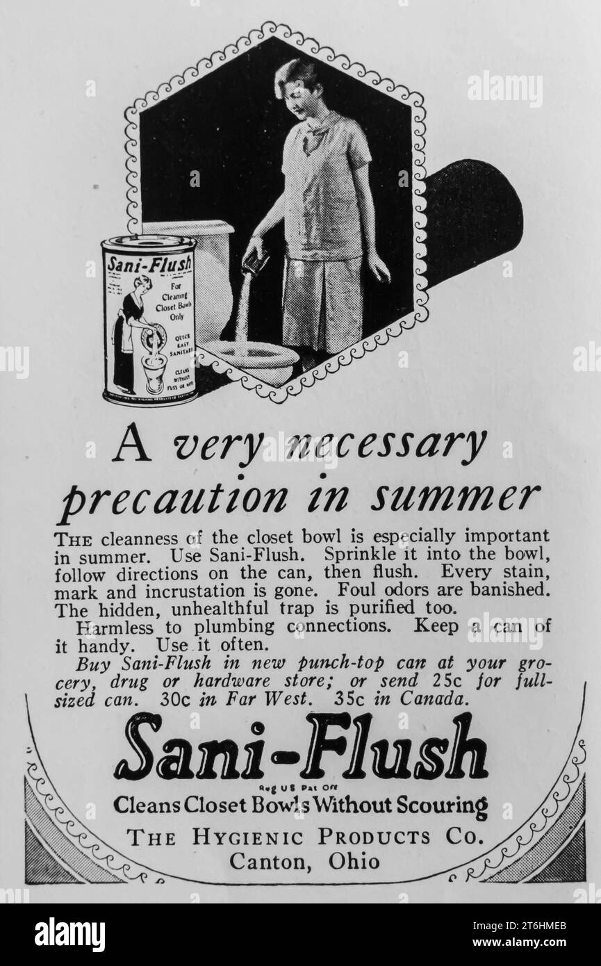 1927 Sani-Flush nettoie les bols de placard sans récurer la publicité. Produits hygiéniques Canton, Ohio Banque D'Images