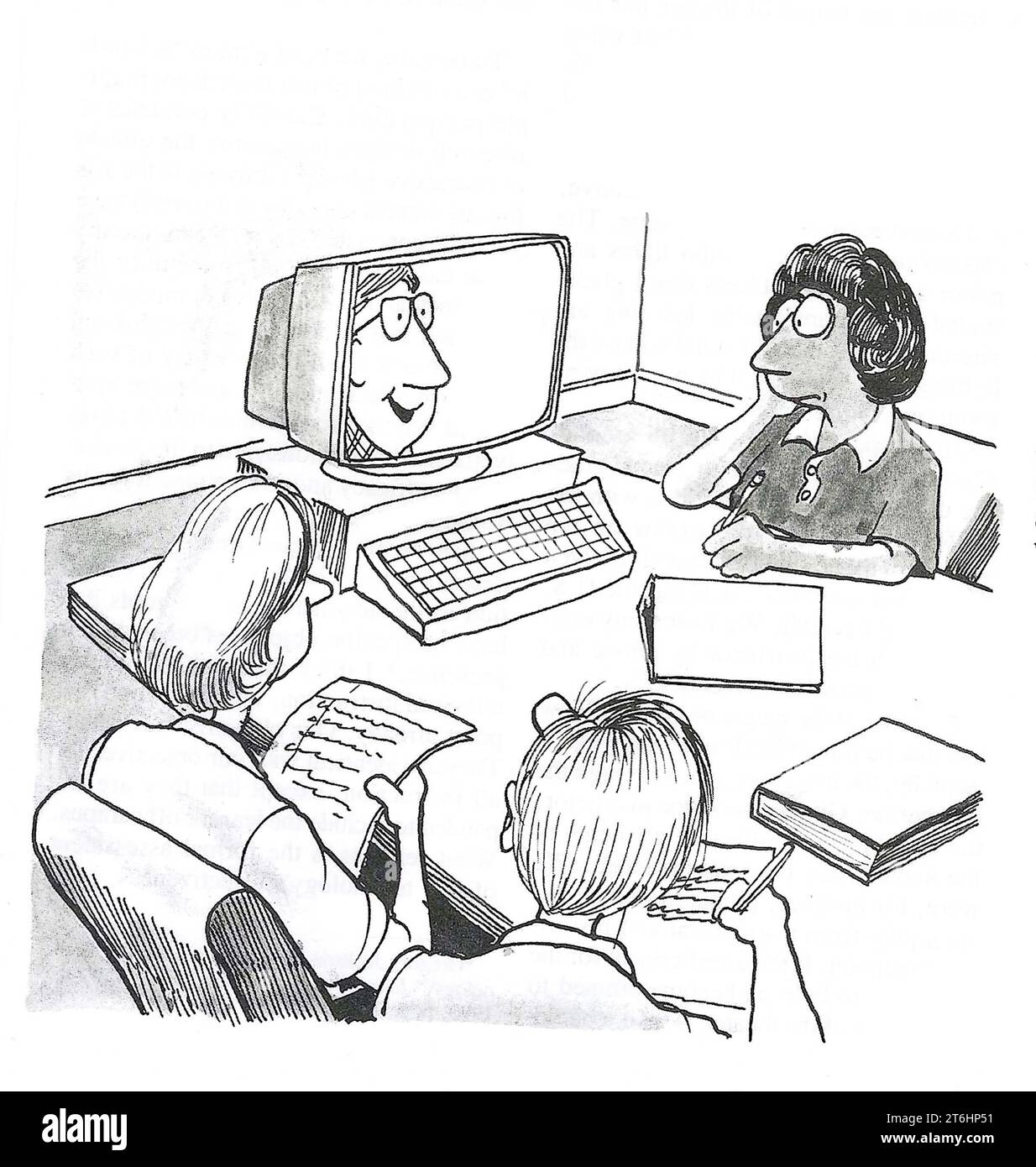 Illustration B&W montrant une réunion d'équipe avec une personne sur un écran vidéo, mettant en vedette une femme d'affaires afro-américaine regardant l'orateur vidéo. Banque D'Images