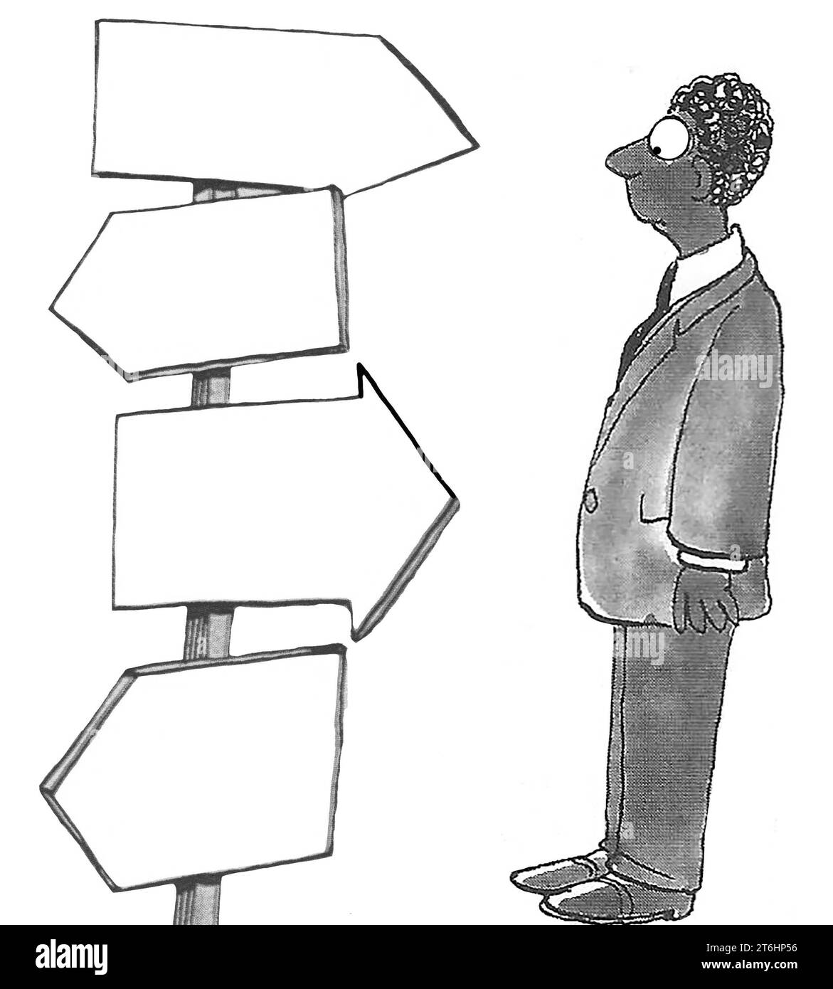Illustration en noir et blanc d'un homme afro-américain professionnel regardant un signe avec beaucoup de flèches. Banque D'Images
