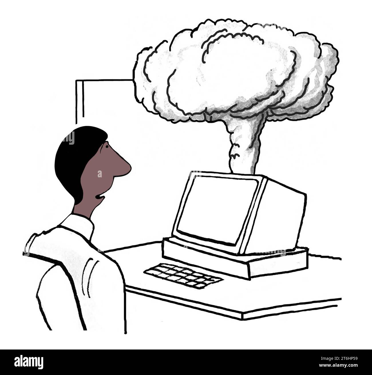 Illustration en couleur d'un homme d'affaires afro-américain dont l'ordinateur a de la fumée qui en sort. Banque D'Images