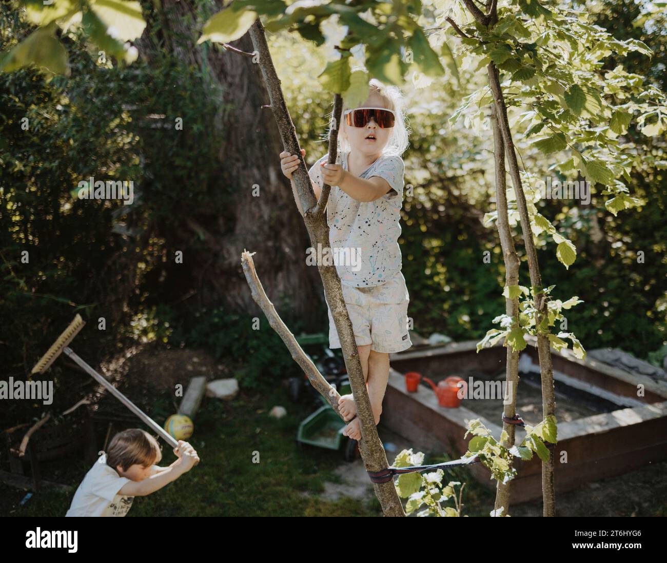 Accrobranche dans le jardin Banque D'Images