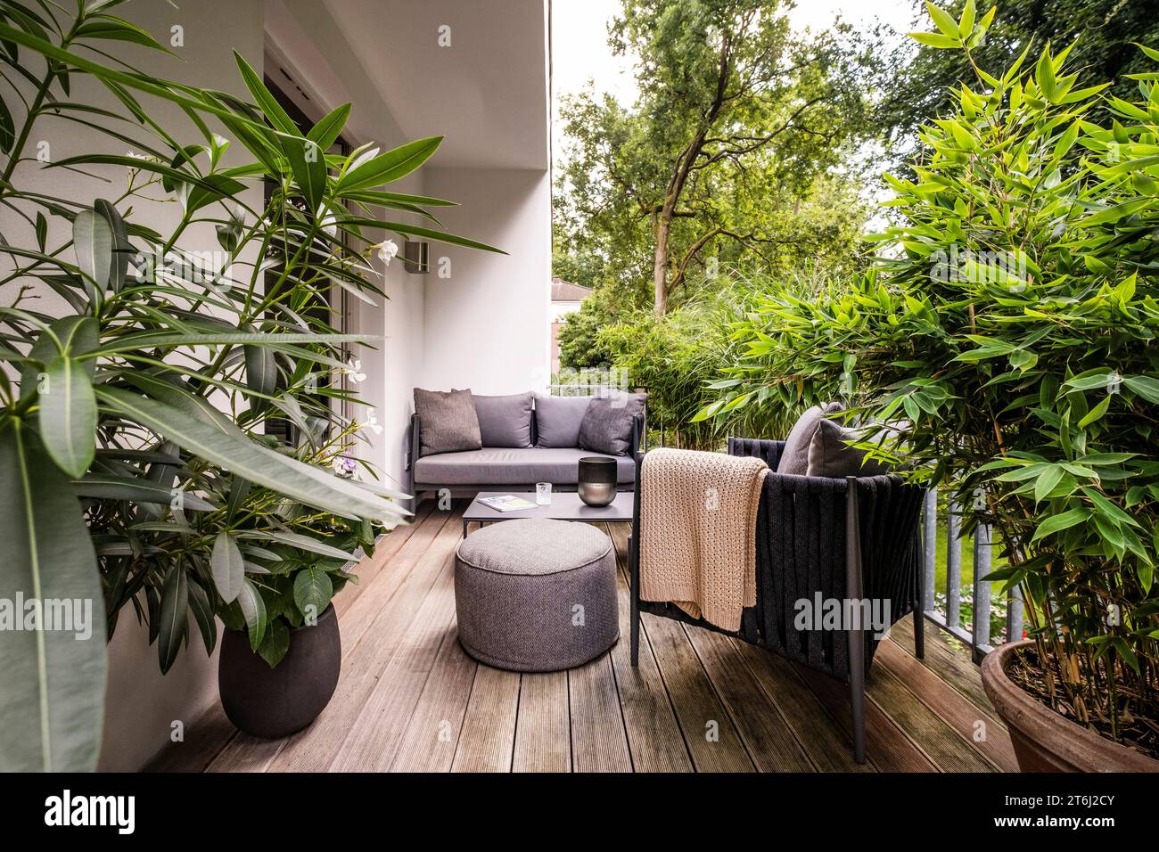 Balcon avec mobilier de salon moderne et plantes, Banque D'Images