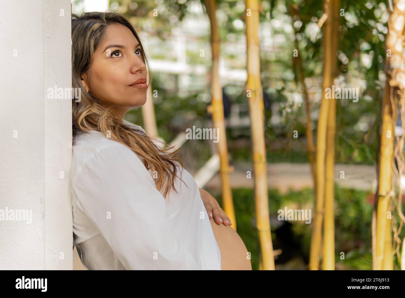 Femme enceinte hispanique sur le jardin regardant avec espoir Banque D'Images