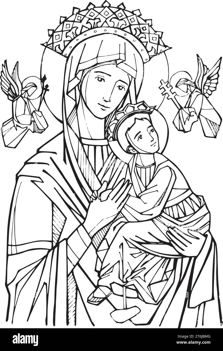 Illustration vectorielle dessinée à la main ou dessin de notre-Dame de l'aide perpétuelle et bébé Jésus Illustration de Vecteur