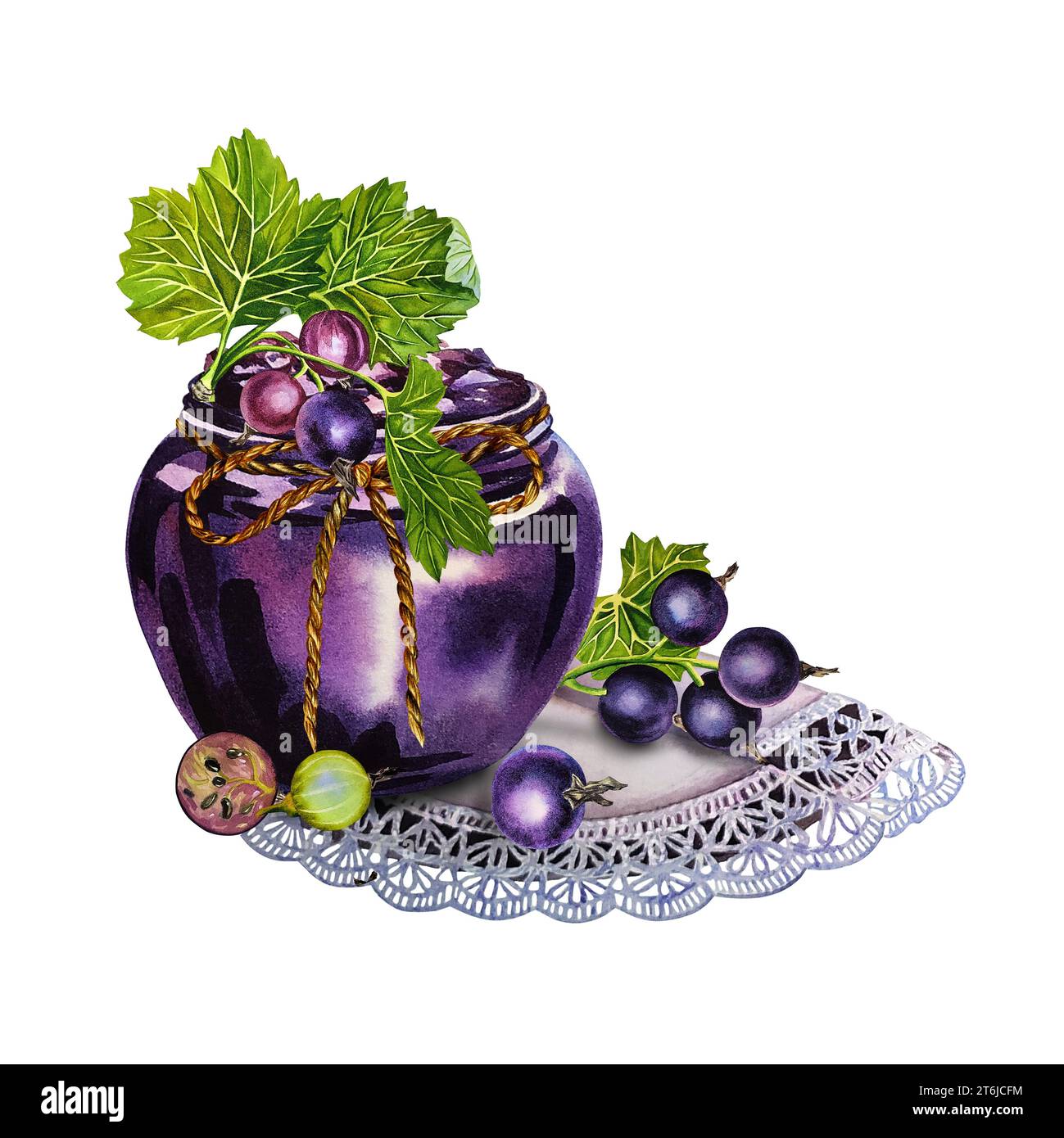 Un pot de confiture de cassis. Illustration aquarelle dessinée à la main. Isoler. Pour étiquettes, emballages et bannières. Pour textiles, impressions et autocollants. Pour m Banque D'Images