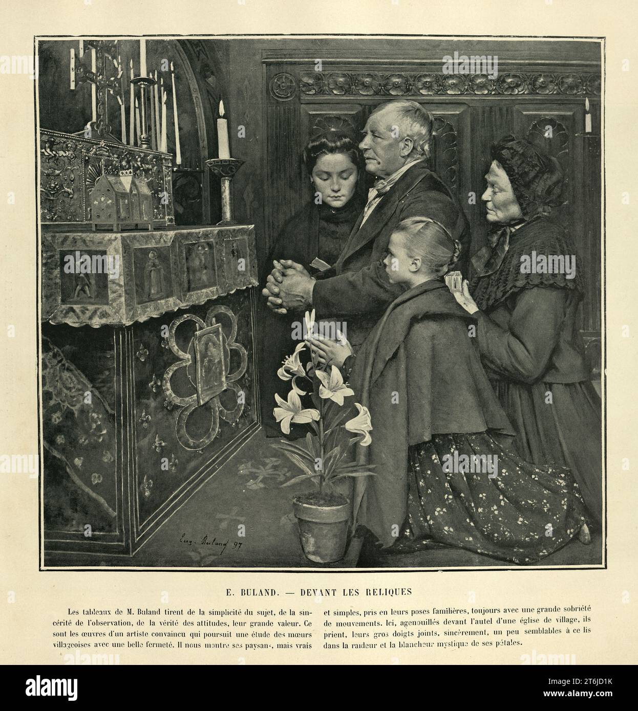 Eugène Buland, devant les reliques, famille priant devant les reliques, art français du 19e siècle Banque D'Images