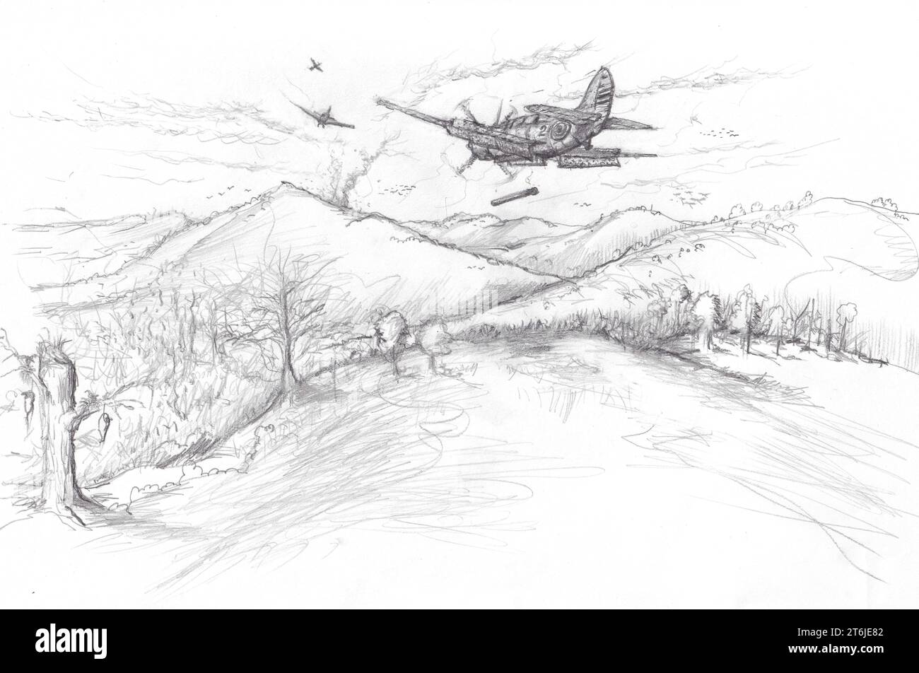 Dessin à main libre de l'avion à moteur à piston SB2 C Hell plongeur volant au-dessus de la montagne. Banque D'Images
