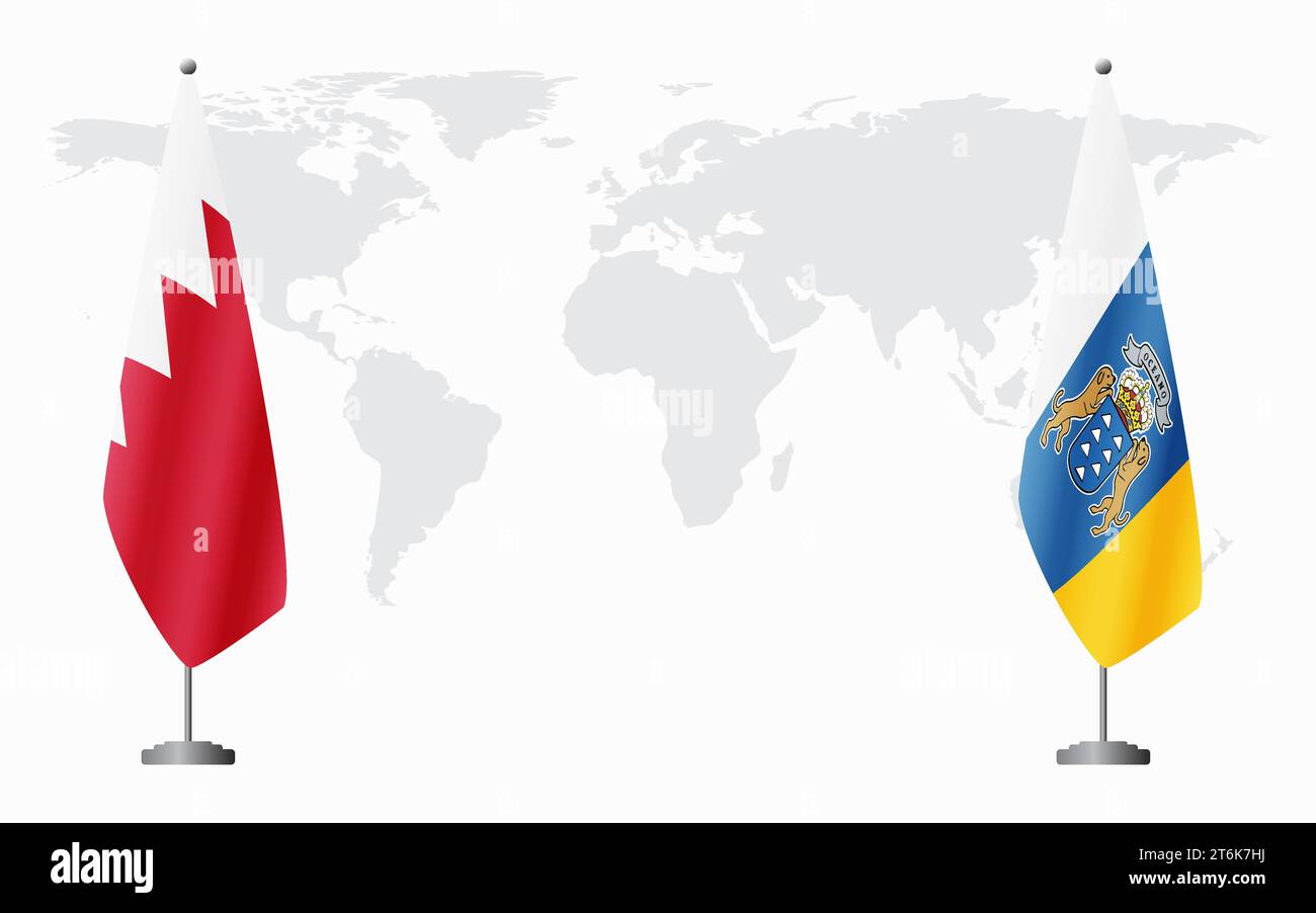 Drapeaux de Bahreïn et des îles Canaries pour la réunion officielle sur fond de carte du monde. Illustration de Vecteur