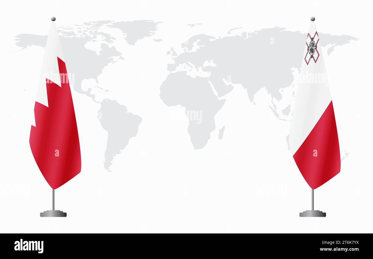 Bahreïn et Malte drapeaux pour réunion officielle sur fond de carte du monde. Illustration de Vecteur
